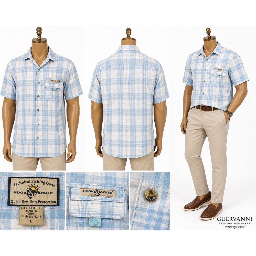Hook & Tackle Mens  L Fishing Plaid  Short Sleeve  Shirt  Quick Dry Sun Outdoor